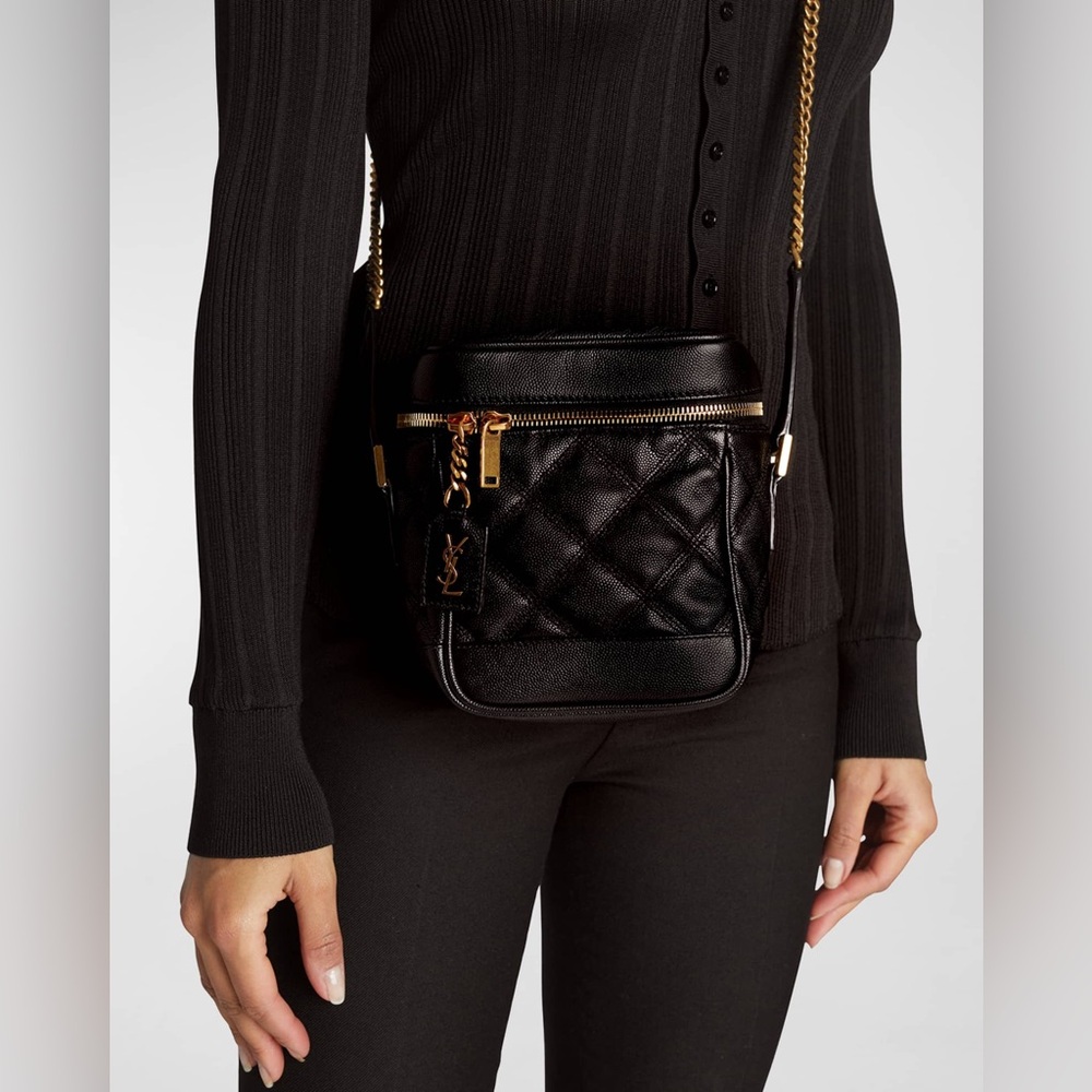 Like NEW! SAINT LAURENT YSL Black Quilted Grain De Poudre Leather 80s Vanity Bag - Picture 13 of 16